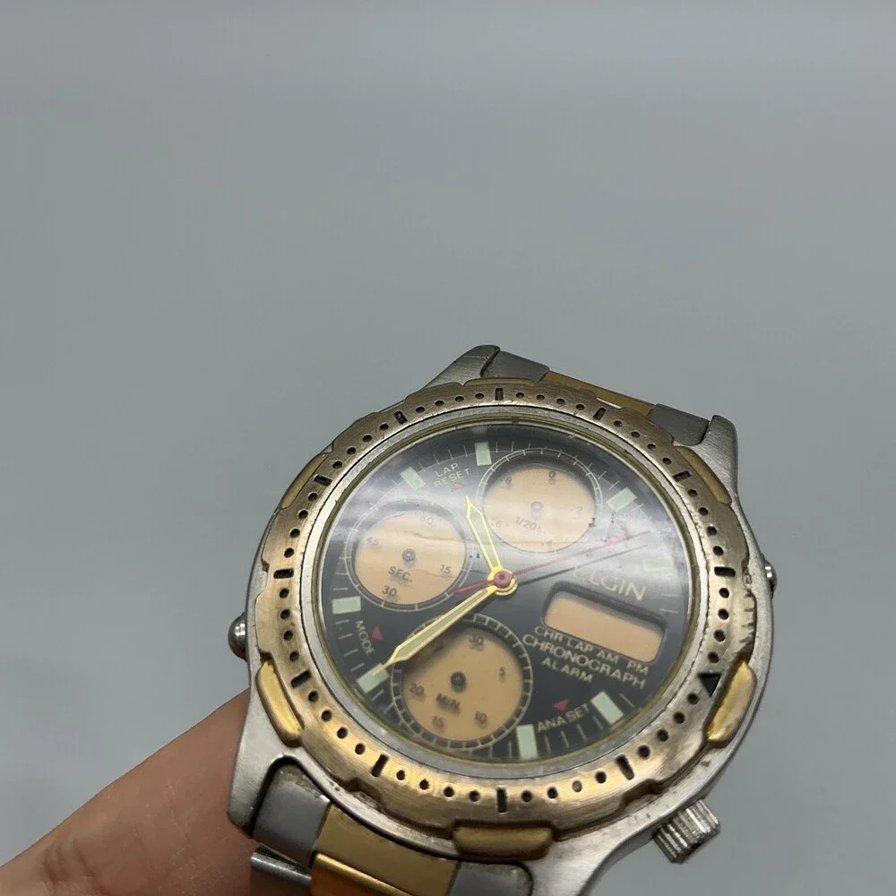 Elgin Mens Watch 40mm Black Gold Dial Chronograph NOT RUNNING FOR PARTS